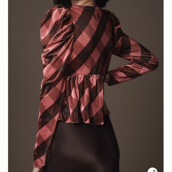 NWT Maeve Velvet Pink Maroon Plaid Puff Sleeve Top Low Cut Size Small - Picture 4 of 12